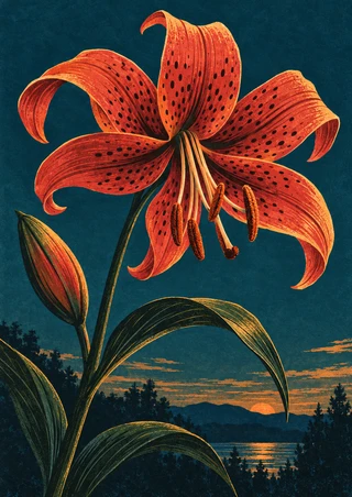 Graphic botanical poster showing a large coral-orange speckled lily, a closed bud, and arching leaves above a dusky landscape with trees and reflective water.