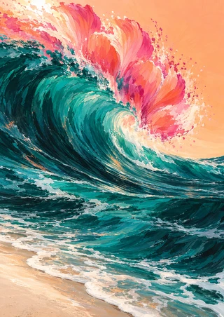 A teal ocean wave curls into coral, pink, and cream petal-like forms above a narrow beach.