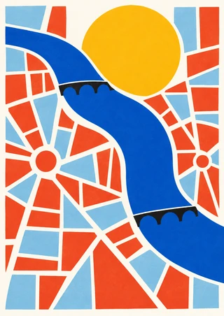 Abstract geometric river scene with two black arched bridges, a large yellow sun, and red and pale-blue blocks on warm white.