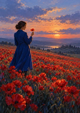 Woman in a vivid blue coat holding a red poppy in a field of flowers at sunset, with hills in the distance.