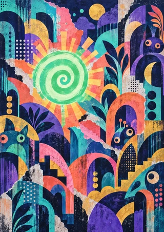 Mint spiral sun with coral and yellow rays amid a dense, colorful abstract mural of arches, dots, and small face-like motifs.