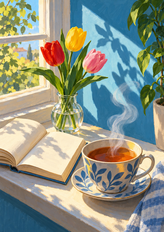 Blue-and-white steaming teacup beside an open book and a glass vase of three colorful tulips on a sunlit windowsill.