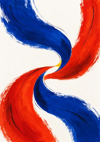 Cobalt-blue and vermilion-red painted forms sweep around a narrow white opening with a small yellow accent.