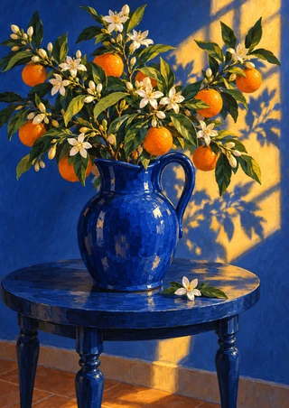 Cobalt-blue pitcher filled with orange-bearing branches and white blossoms on a round blue table in golden light.