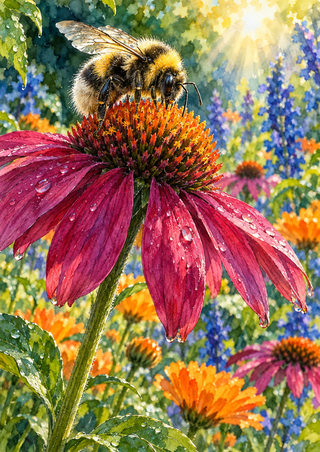 Fuzzy bumblebee perched on a magenta coneflower with raindrops on its petals and blurred orange and blue-purple flowers behind it.