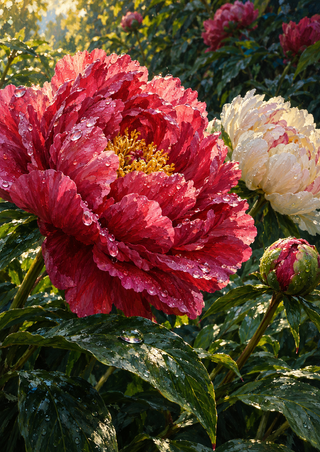 Large garnet-pink peony dotted with raindrops beside an ivory bloom and pink bud among glossy dark green leaves.