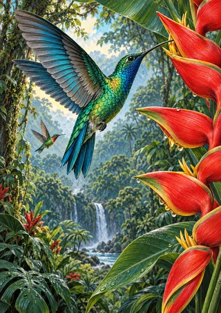 Iridescent hummingbird hovering beside large scarlet heliconia flowers, with a smaller bird, dense rainforest foliage, waterfall, and stream.