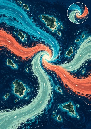 Three teal, coral, and pale sea-glass current bands braid around a bright central spiral, with abstract islands and a circular inset.