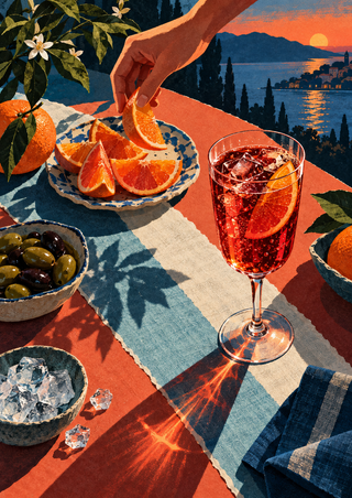 Hand lifting an orange slice above cut citrus beside a sparkling ruby-red drink, olives, ice, and a sunset coastal backdrop.