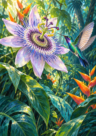 Jewel-toned hummingbird hovering beside a large pale lilac passionflower, surrounded by layered green leaves and orange bracts.