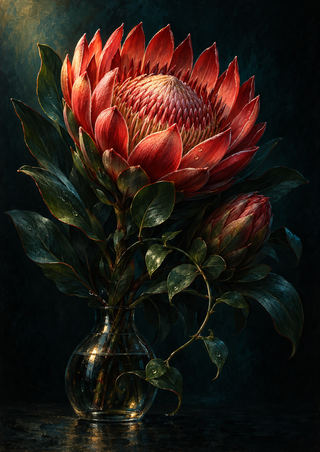 Open coral protea with a side bud and glossy dark leaves in a small glass vase against a near-black teal background.