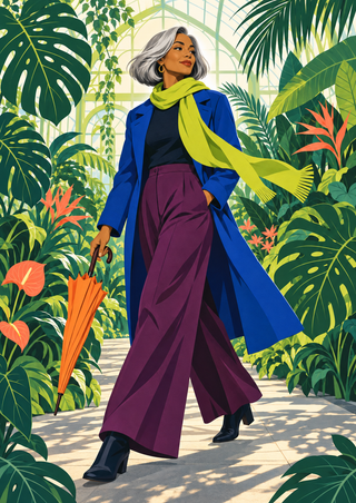 Full-length woman with a silver-gray bob walking through a leafy greenhouse with an orange umbrella and flowing scarf.