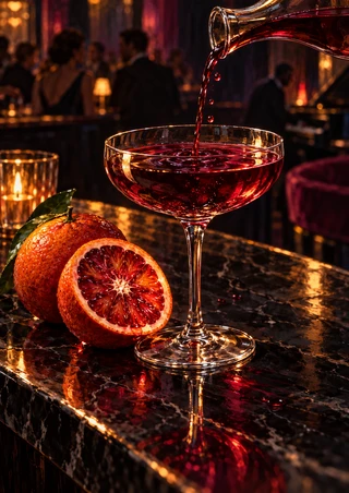 Ruby-red wine being poured into a coupe beside whole and cut blood oranges on a reflective bar, with a softly blurred lounge behind.