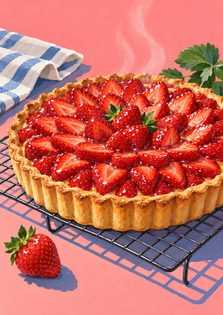 A glossy strawberry tart piled with whole and sliced berries rests on a wire cooling rack beside a striped towel and loose strawberry.