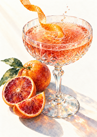 Faceted coupe of sparkling coral-orange drink with curling orange peel and whole and cut citrus fruit on a warm-white ground.