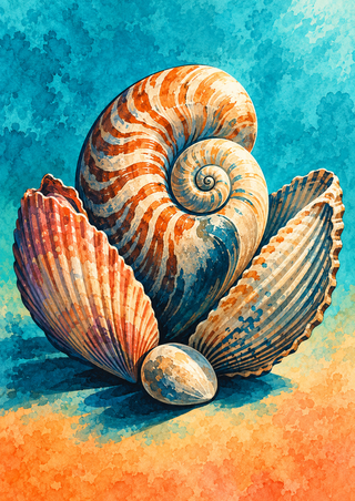 Large spiral shell behind two outward-angled ribbed shells and a smooth pebble on a turquoise-to-apricot background.