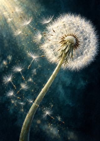 A luminous dandelion seed head and curved stem with pale seeds drifting across a dark teal background.