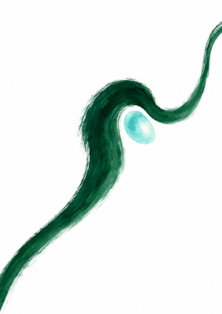 A dark emerald brushstroke curves around a small aqua oval on a white ground, continuing off the lower-left and upper-right edges.