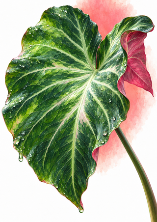 Large glossy green heart-shaped caladium-type leaf with pale radiating veins, water droplets, curled magenta-pink underside, and coral-pink background wash.