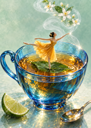 Miniature ballerina balances on a green leaf in amber tea inside a large blue glass teacup with floral steam.