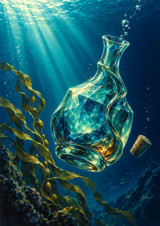 Faceted translucent turquoise decanter floating underwater with bubbles rising from its open neck, a separate cork, kelp, rocky seabed, and light rays from above left.