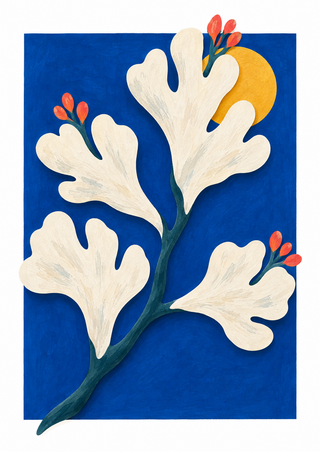 Ivory branching plant-like form with coral-red buds and a dark teal stem over a deep-blue rectangle on a white page.