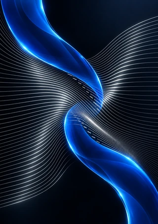 Luminous cobalt ribbon curving diagonally through bowed silver-white grid lines on a dark midnight-blue background.