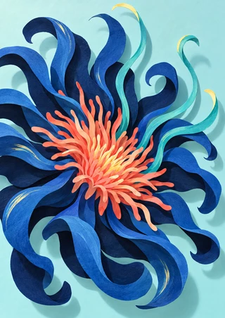 Abstract sea-anemone-like bloom of curling blue ribbons around a coral and peach center on pale aqua.