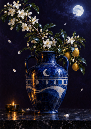 Glossy cobalt-blue amphora with white blossoms, green leaves and yellow citrus fruit, beneath a full moon beside a candle.