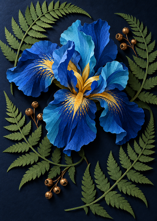 Large blue iris with a golden throat surrounded by dense fern fronds and bronze-brown seed pods on a midnight-indigo background.