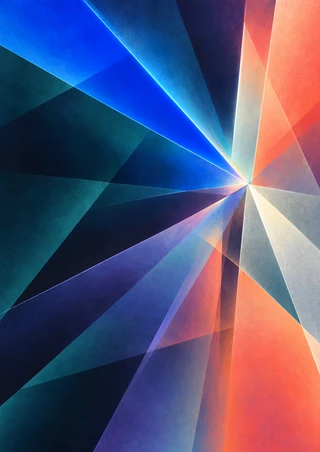 Abstract triangular planes in cobalt, teal, violet, silver, coral, and peach radiate toward a bright convergence point slightly right of center.