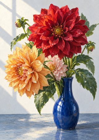 Red and golden-apricot dahlia-like blooms with a smaller blush flower and green leaves in a cobalt-blue vase on a blue-gray tabletop.