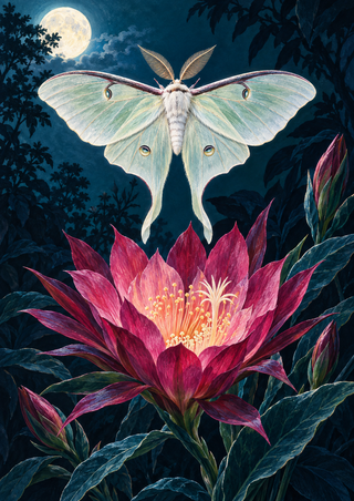 Pale patterned moth with long hindwing tails hovering above a vivid pink flower amid dark foliage, with a moon at upper left.