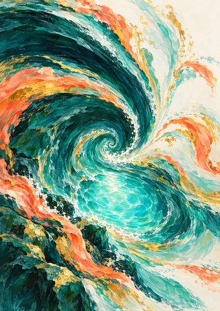 Abstract deep-teal spiral current curling around a luminous turquoise pool with coral and gold strokes on a pale ground.