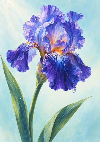 Blue-violet iris with a large droplet on a lower petal, long green leaves, and a pale aqua background.