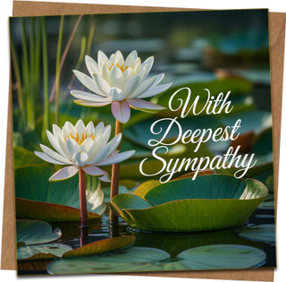 With Deepest Sympathy Card – Water Lily Design – 145mm x 145mm Square Greeting Card with Kraft Envelope – Condolence, Bereavement, Thinking of You