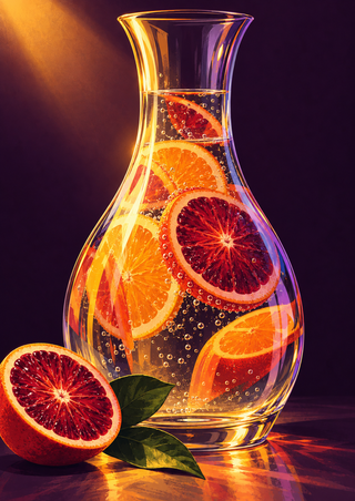 Clear glass carafe filled with sparkling water and orange slices, beside a cut blood orange and leaves against a deep plum background.