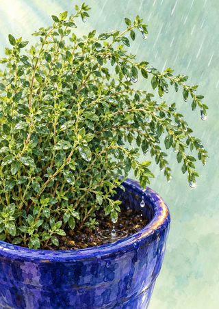 Fine-leaved herb with water droplets in a deep cobalt-blue pot against a pale aqua background.