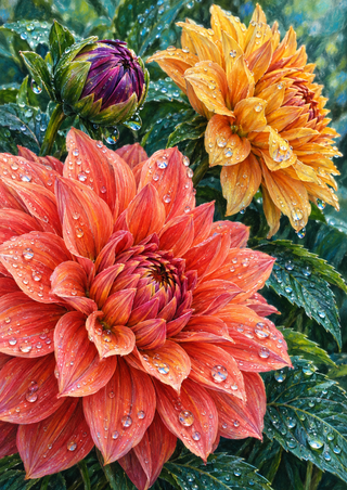 Three dahlias, including coral and golden-orange blooms and a violet bud, surrounded by green leaves and rain droplets.