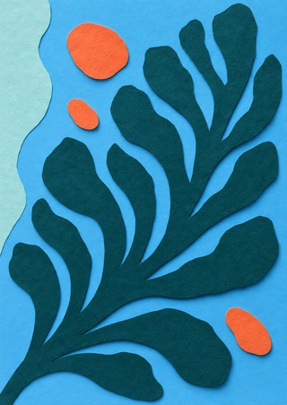 Dark-teal branching sea-fan-like cutout with three coral-orange shapes on a sky-blue field beside a pale aqua band.