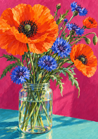 Orange poppies and blue cornflowers in a glass jar against a magenta wall, painted with bold textured strokes.