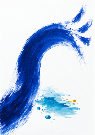 Broad cobalt-blue brushstroke arches over an aqua pigment pool and scattered droplets, with a small ochre accent on a white background.