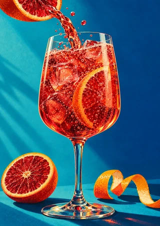 Glossy illustration of a ruby-red sparkling drink being poured into a stemmed glass with citrus and ice, with an orange half and curling peel at the base.