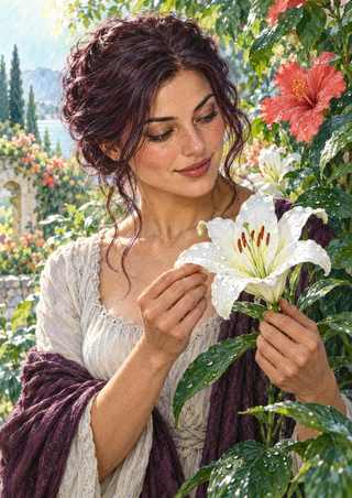 Dark-haired woman looking at a white lily amid glossy foliage, a coral-red bloom and pale flowers.