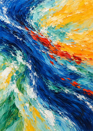 Abstract cobalt and teal water-like bands sweep diagonally through aqua and golden-yellow areas with red-orange accents.