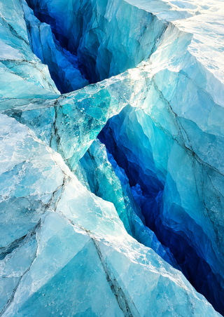 Faceted turquoise glacier ice with a dark diagonal crevasse and an angular ice bridge crossing the center.