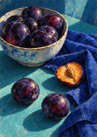 Ceramic bowl of dark purple plums beside a split plum on cobalt cloth and a turquoise surface.