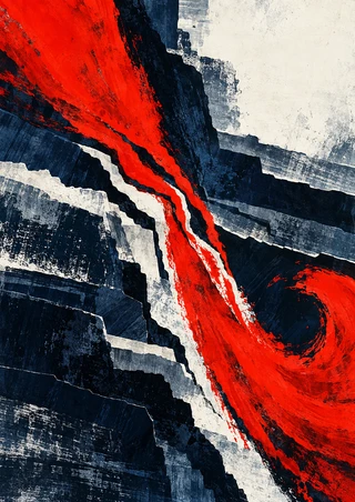 Vermilion-red abstract flow cuts diagonally through stepped navy and chalk-white forms, curling at the lower right.