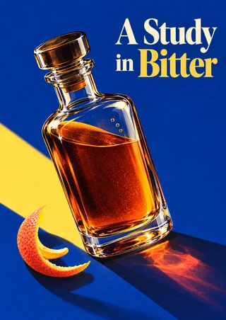 Tilted glass bottle of amber liquid with a cork, bubbles, and grapefruit peel against a blue-and-yellow background, with “A Study in Bitter” lettering.