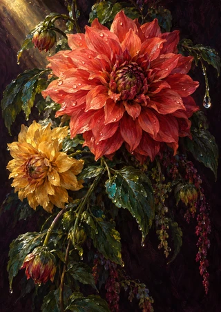 Large coral-red dahlia-like flower and smaller golden bloom among rain-wet green leaves and stems against a dark aubergine background.